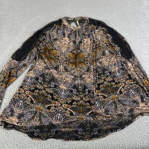 Free People Top Women Medium Brown New World Nouveau Linen Blend Round Neck Boho